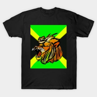 Conquering lion on the Jamaican flag, in black green and gold - Jamaica T-Shirt